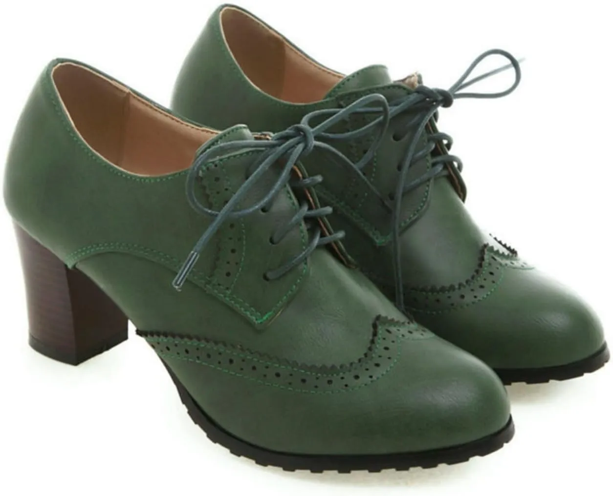 Women's Chunky Heeled Oxfords Round Toe Lace Up Stacked Block Heel Vintage Brogues Shoes Comfortable Wingtip High Heel Dress Pumps