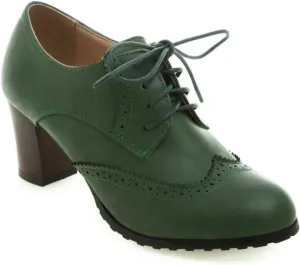 Women's Chunky Heeled Oxfords Round Toe Lace Up Stacked Block Heel Vintage Brogues Shoes Comfortable Wingtip High Heel Dress Pumps
