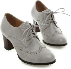 Women's Chunky Heeled Oxfords Round Toe Lace Up Stacked Block Heel Vintage Brogues Shoes Comfortable Wingtip High Heel Dress Pumps
