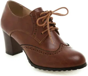 Women's Chunky Heeled Oxfords Round Toe Lace Up Stacked Block Heel Vintage Brogues Shoes Comfortable Wingtip High Heel Dress Pumps