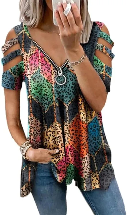 Women's Cold Shoulder Tops Cute Summer V Neck Loose Hollow Out Short Sleeve T Shirts Zipper Heart Print Blouse