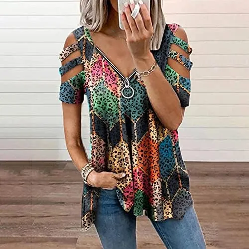 Women's Cold Shoulder Tops Cute Summer V Neck Loose Hollow Out Short Sleeve T Shirts Zipper Heart Print Blouse