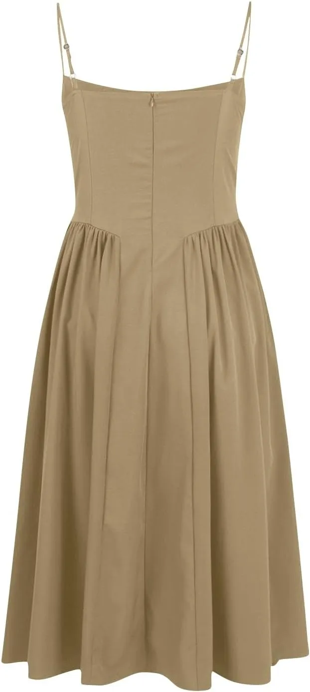 Women's Corset Dress Spaghetti Strap Bustier Midi Dress Low Cut Flowy Pleated Hem Summer Party Dresses with Pockets