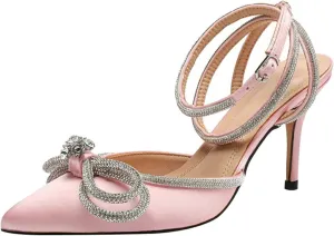 Women's Double Bow Crystal Wedding Shoes Satin Pointy Pumps Ankle Straps High Heeled Sandals Glitter Party Prom Shoes