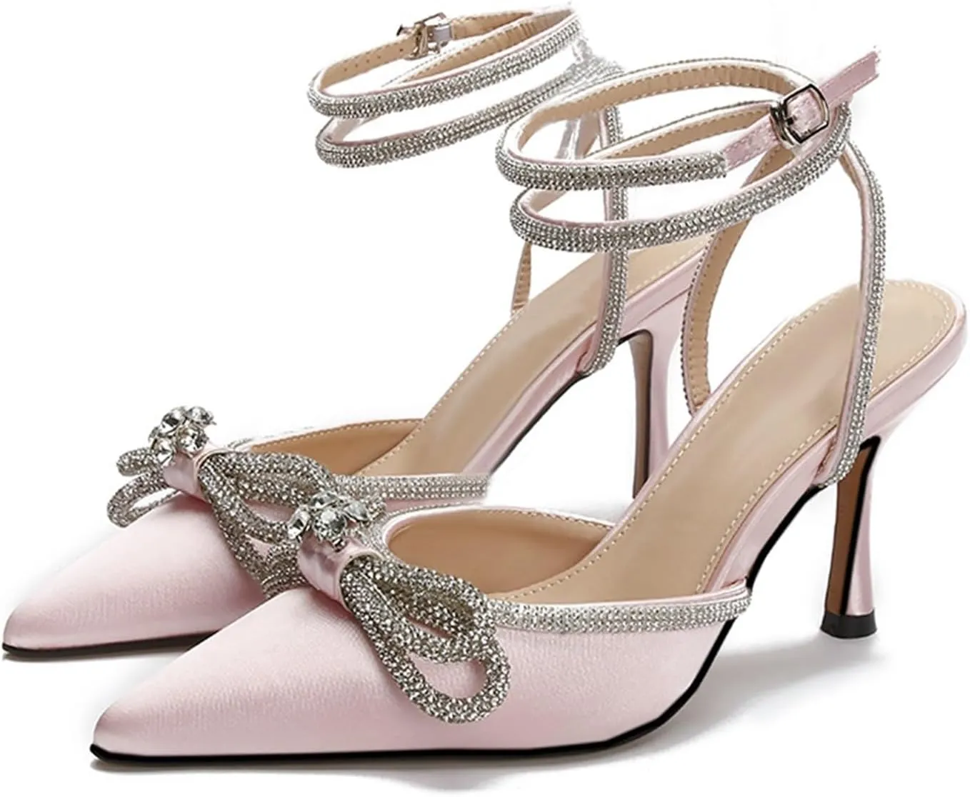 Women's Double Bow Crystal Wedding Shoes Satin Pointy Pumps Ankle Straps High Heeled Sandals Glitter Party Prom Shoes