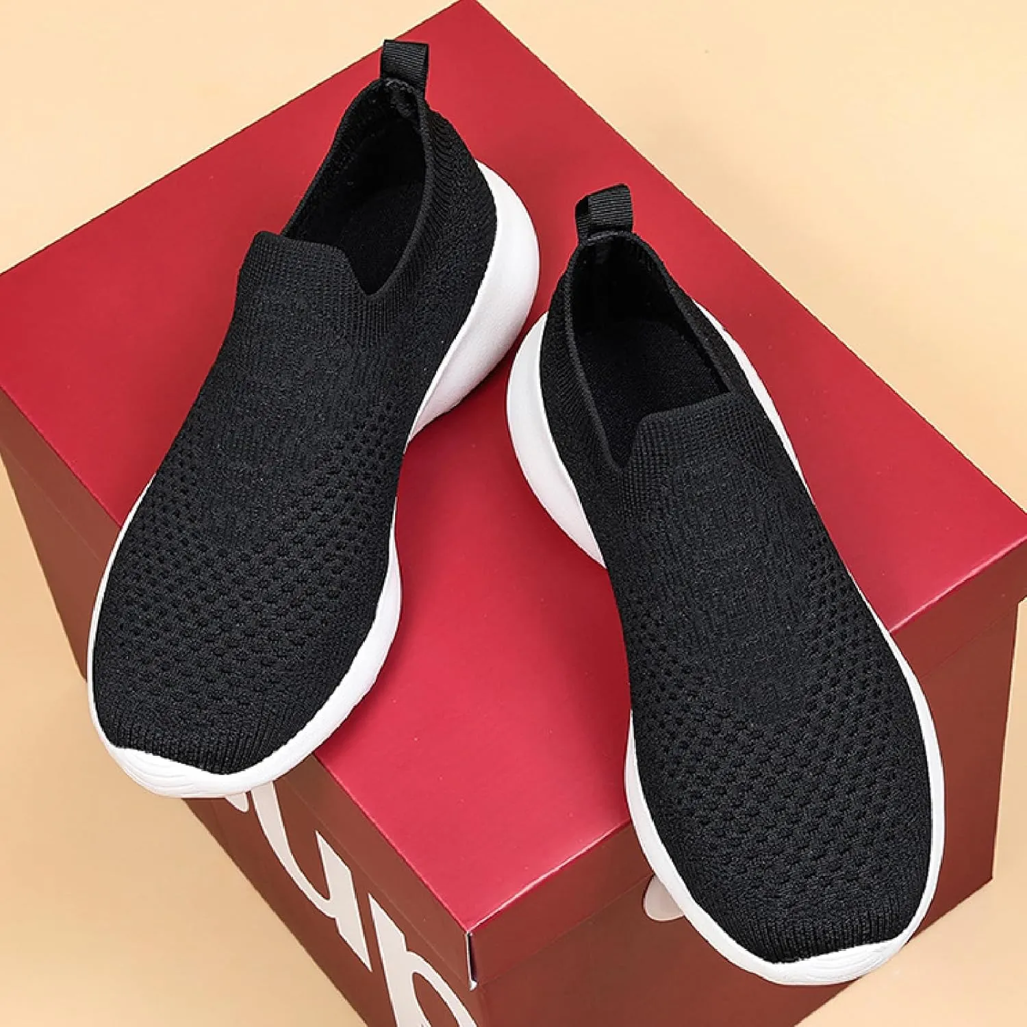 Women's Elastic Knit Slip On Sneakers Breathable Mesh Soft Bottom Lightweight Walking Sock Shoes Comfortable Yoga Fitness Tennis Shoes