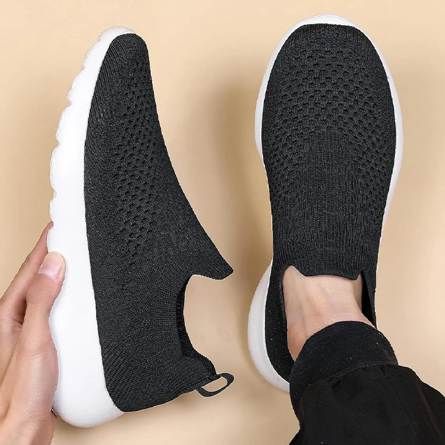 Women's Elastic Knit Slip On Sneakers Breathable Mesh Soft Bottom Lightweight Walking Sock Shoes Comfortable Yoga Fitness Tennis Shoes