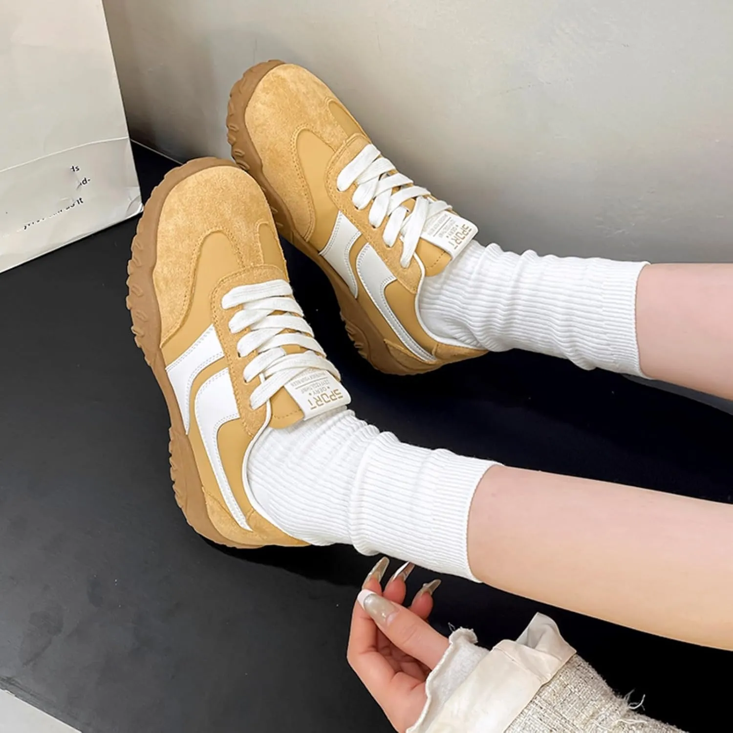 Womens Fashion Sneakers for 2025 Suede Lace Up Fashion Sneakers for Women – Casual Chic and Comfortable for Street Strolling Campus Activities (Red White,5)
