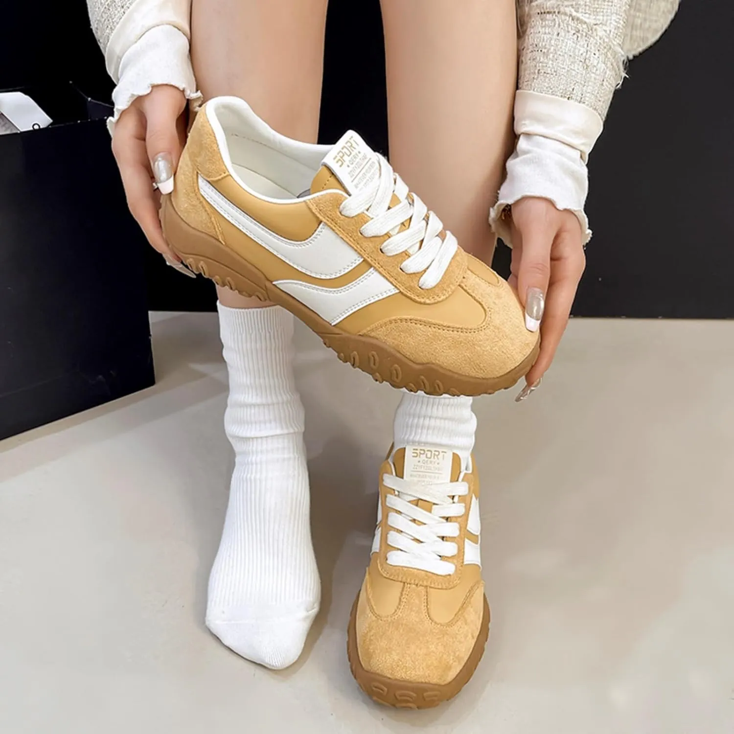 Womens Fashion Sneakers for 2025 Suede Lace Up Fashion Sneakers for Women – Casual Chic and Comfortable for Street Strolling Campus Activities (Red White,5)