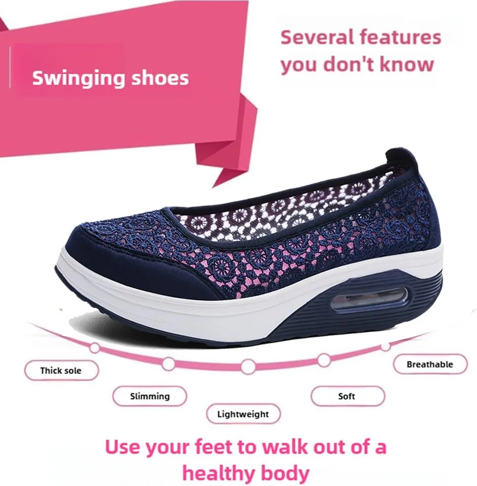 Women's Floral Embroidered mesh air Cushion Sneakers,Comfortable Slip-on Wedge Heels Breathable mesh Walking Shoes Thick-Soled Loafers Rock Shoes