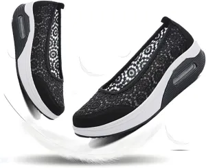 Women's Floral Embroidered mesh air Cushion Sneakers,Comfortable Slip-on Wedge Heels Breathable mesh Walking Shoes Thick-Soled Loafers Rock Shoes