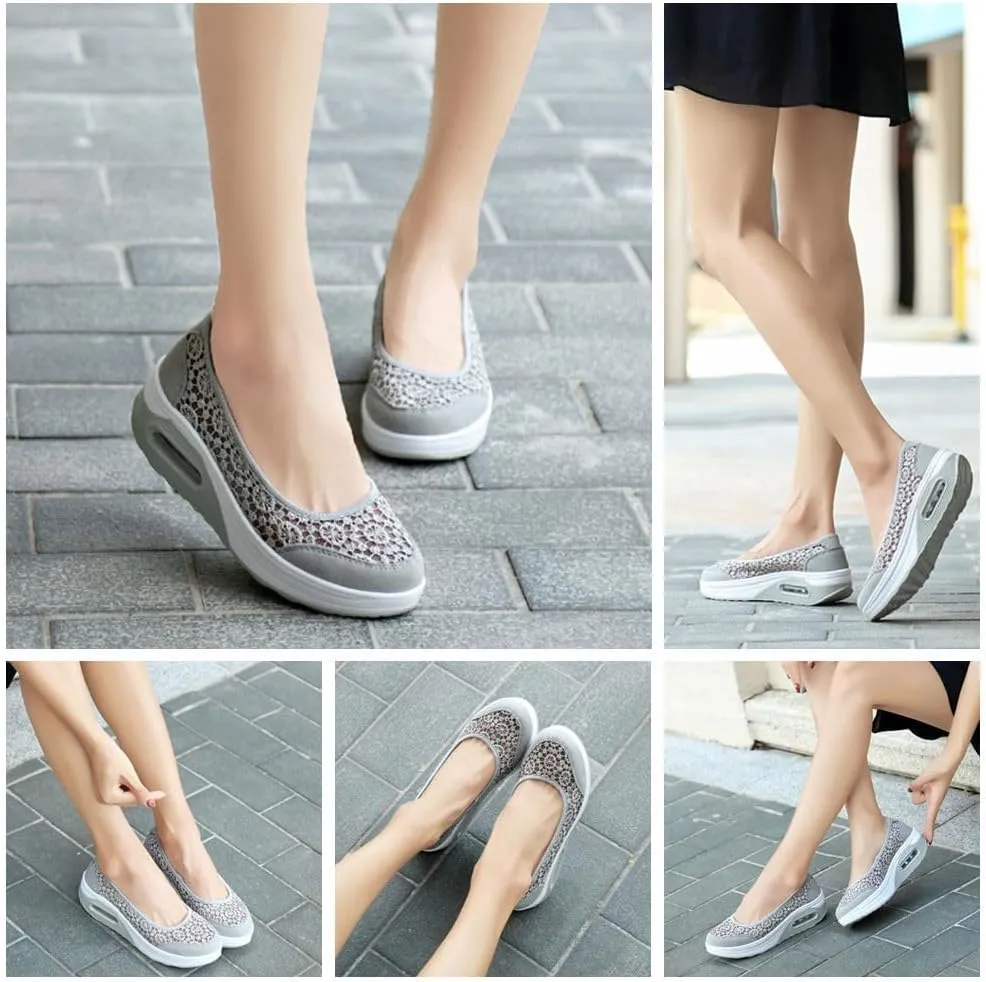 Women's Floral Embroidered mesh air Cushion Sneakers,Comfortable Slip-on Wedge Heels Breathable mesh Walking Shoes Thick-Soled Loafers Rock Shoes