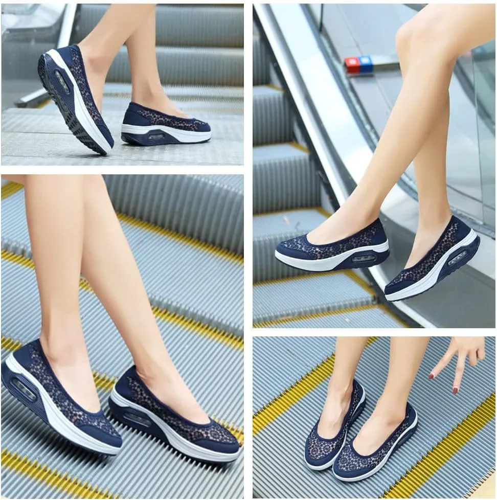 Women's Floral Embroidered mesh air Cushion Sneakers,Comfortable Slip-on Wedge Heels Breathable mesh Walking Shoes Thick-Soled Loafers Rock Shoes