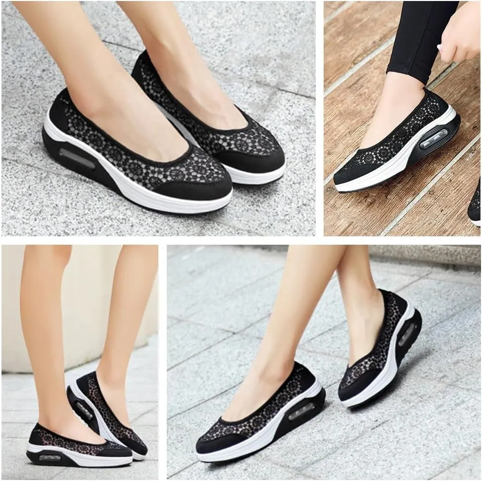 Women's Floral Embroidered mesh air Cushion Sneakers,Comfortable Slip-on Wedge Heels Breathable mesh Walking Shoes Thick-Soled Loafers Rock Shoes