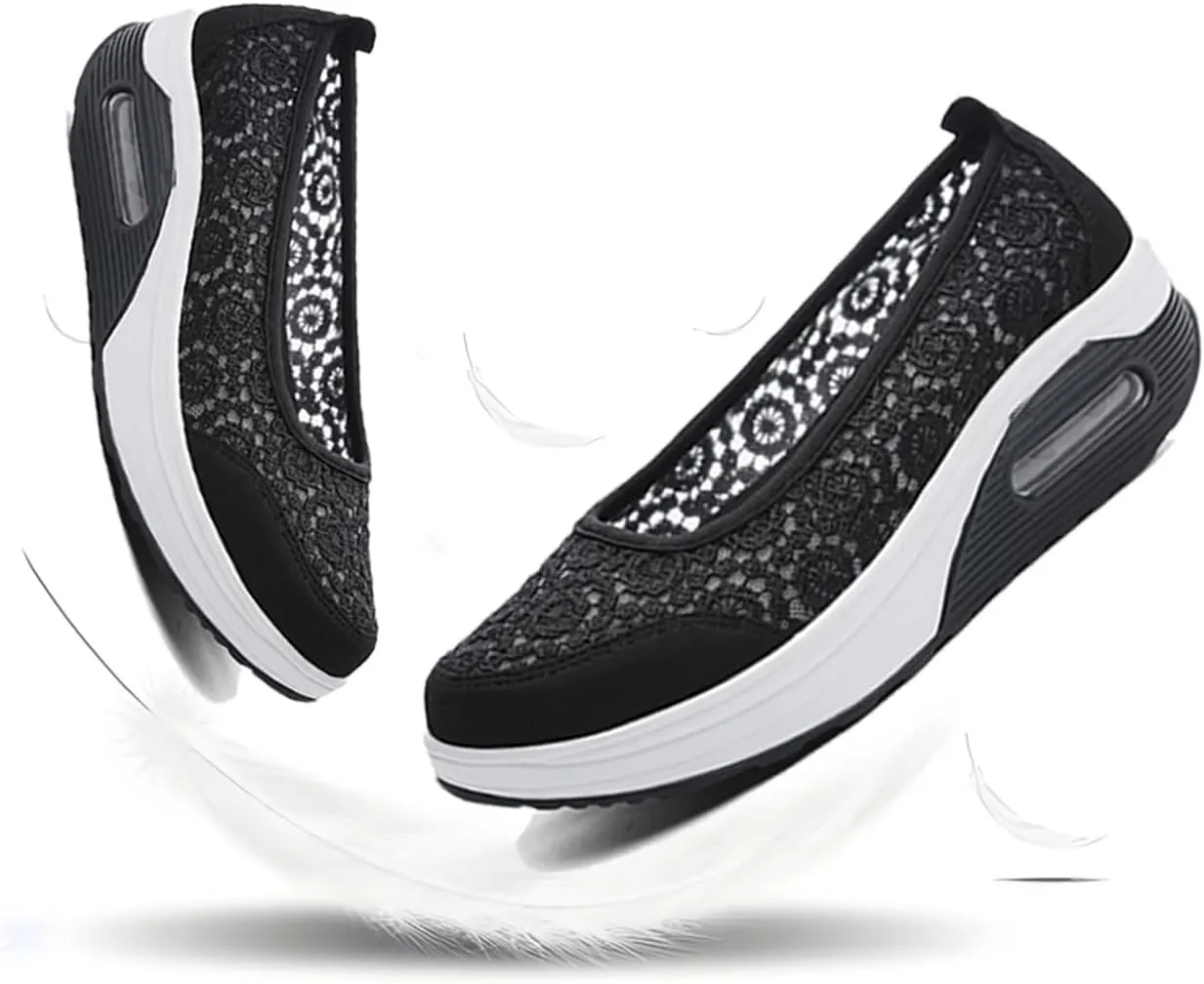 Women's Floral Embroidered mesh air Cushion Sneakers,Comfortable Slip-on Wedge Heels Breathable mesh Walking Shoes Thick-Soled Loafers Rock Shoes