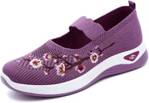 Women's Flower Embroidered Slip On Knitting Flat Loafers Mesh Comfy Platform Non Slip Memory Foam Running Shoes Casual Walking Sneakers