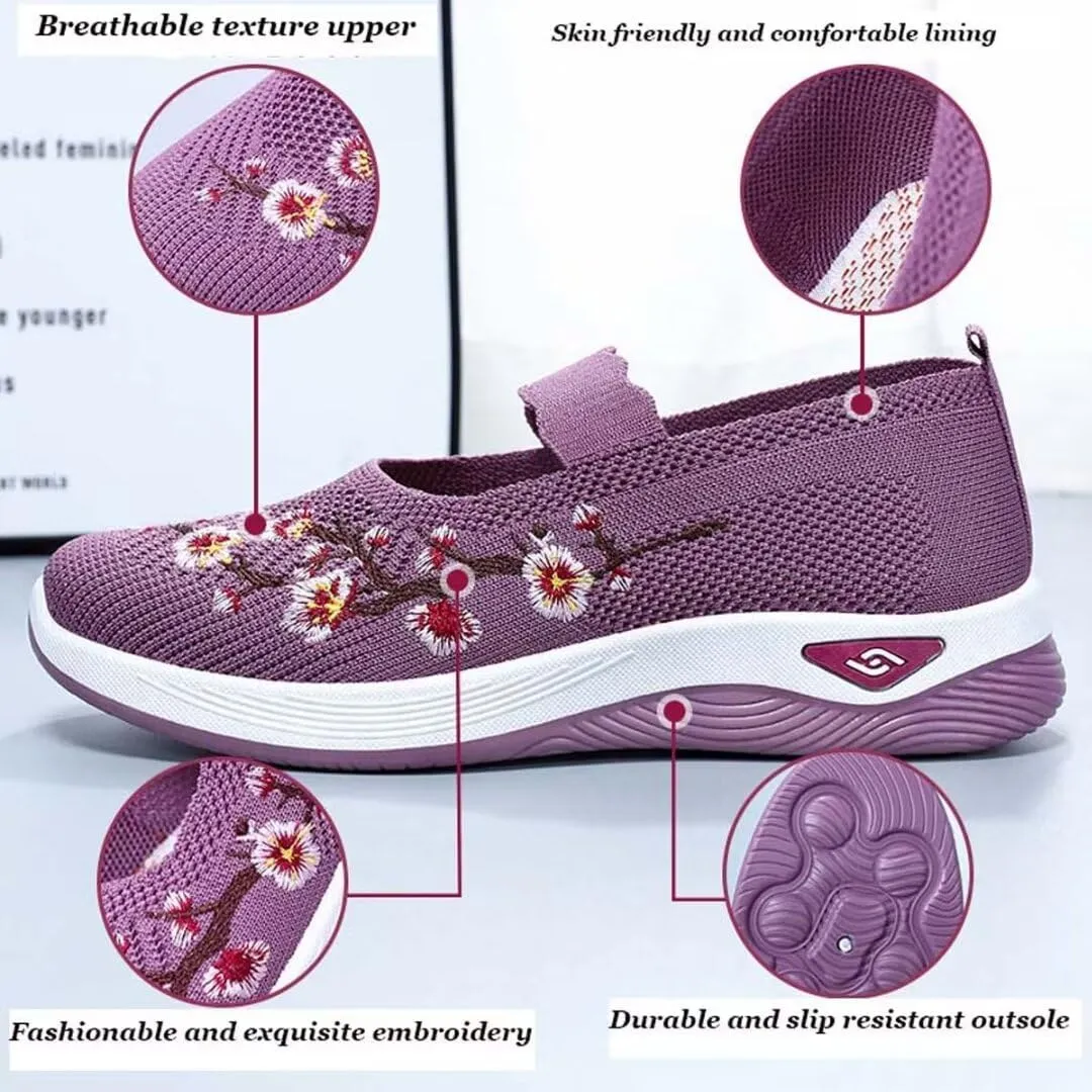Women's Flower Embroidered Slip On Knitting Flat Loafers Mesh Comfy Platform Non Slip Memory Foam Running Shoes Casual Walking Sneakers