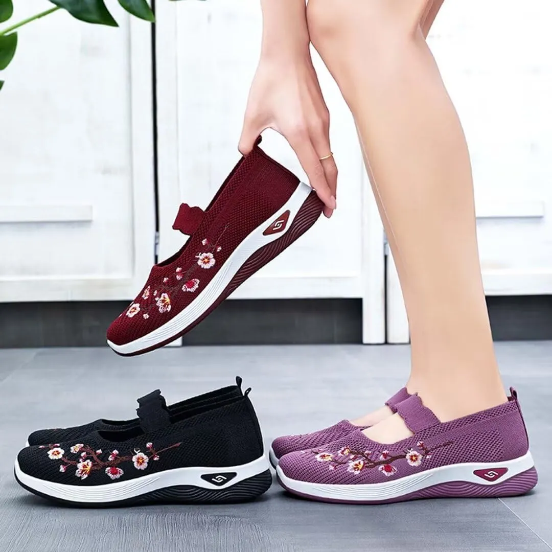 Women's Flower Embroidered Slip On Knitting Flat Loafers Mesh Comfy Platform Non Slip Memory Foam Running Shoes Casual Walking Sneakers