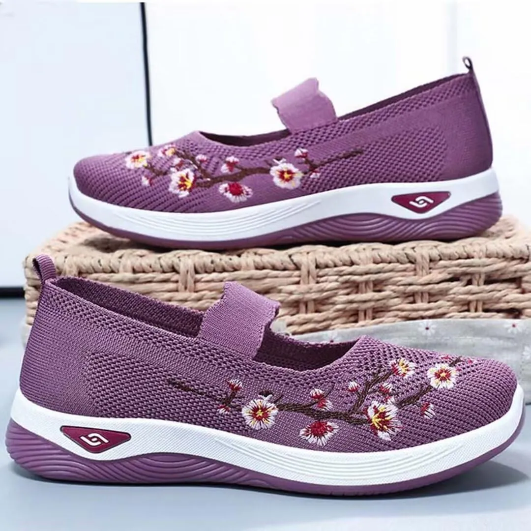 Women's Flower Embroidered Slip On Knitting Flat Loafers Mesh Comfy Platform Non Slip Memory Foam Running Shoes Casual Walking Sneakers