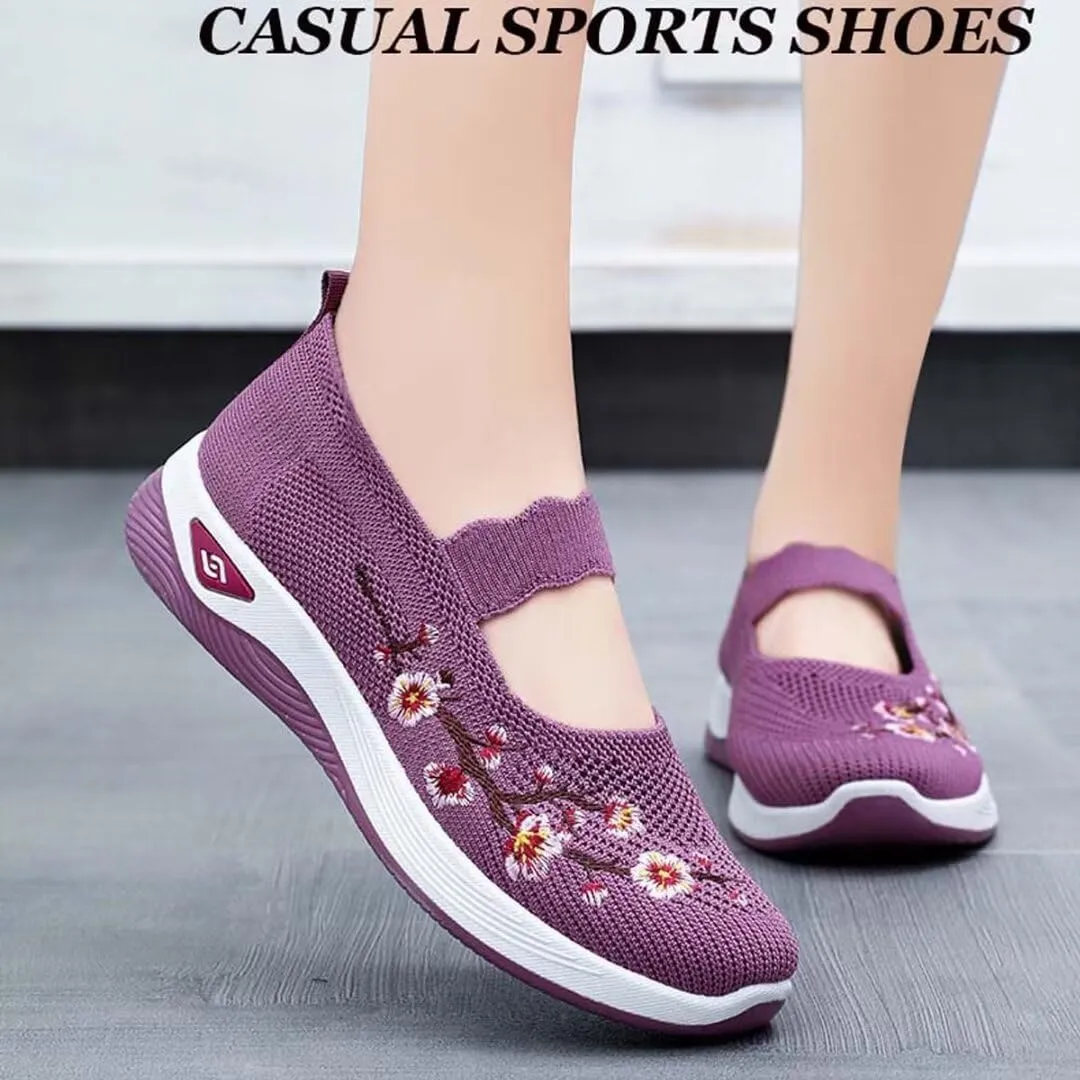 Women's Flower Embroidered Slip On Knitting Flat Loafers Mesh Comfy Platform Non Slip Memory Foam Running Shoes Casual Walking Sneakers