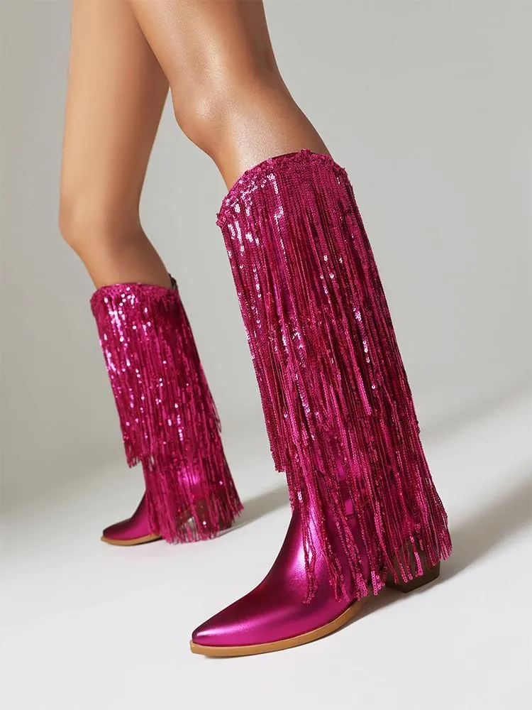 Women's Fringe Metallic Cowboy Boots Knee High Pointed Toe Chunky Heel Pull-On Cowgirl Boots Shining Tassel Wide Calf Western Tall Boots