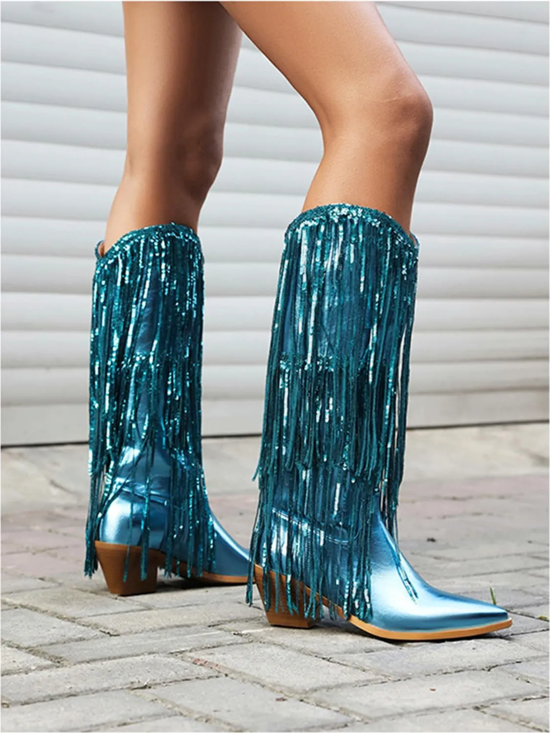Women's Fringe Metallic Cowboy Boots Knee High Pointed Toe Chunky Heel Pull-On Cowgirl Boots Shining Tassel Wide Calf Western Tall Boots