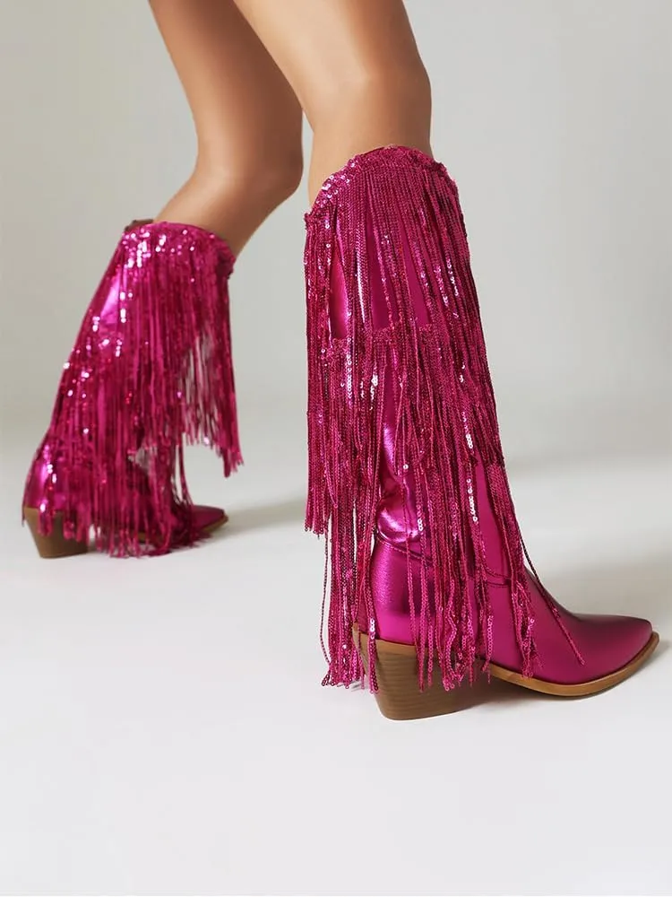 Women's Fringe Metallic Cowboy Boots Knee High Pointed Toe Chunky Heel Pull-On Cowgirl Boots Shining Tassel Wide Calf Western Tall Boots
