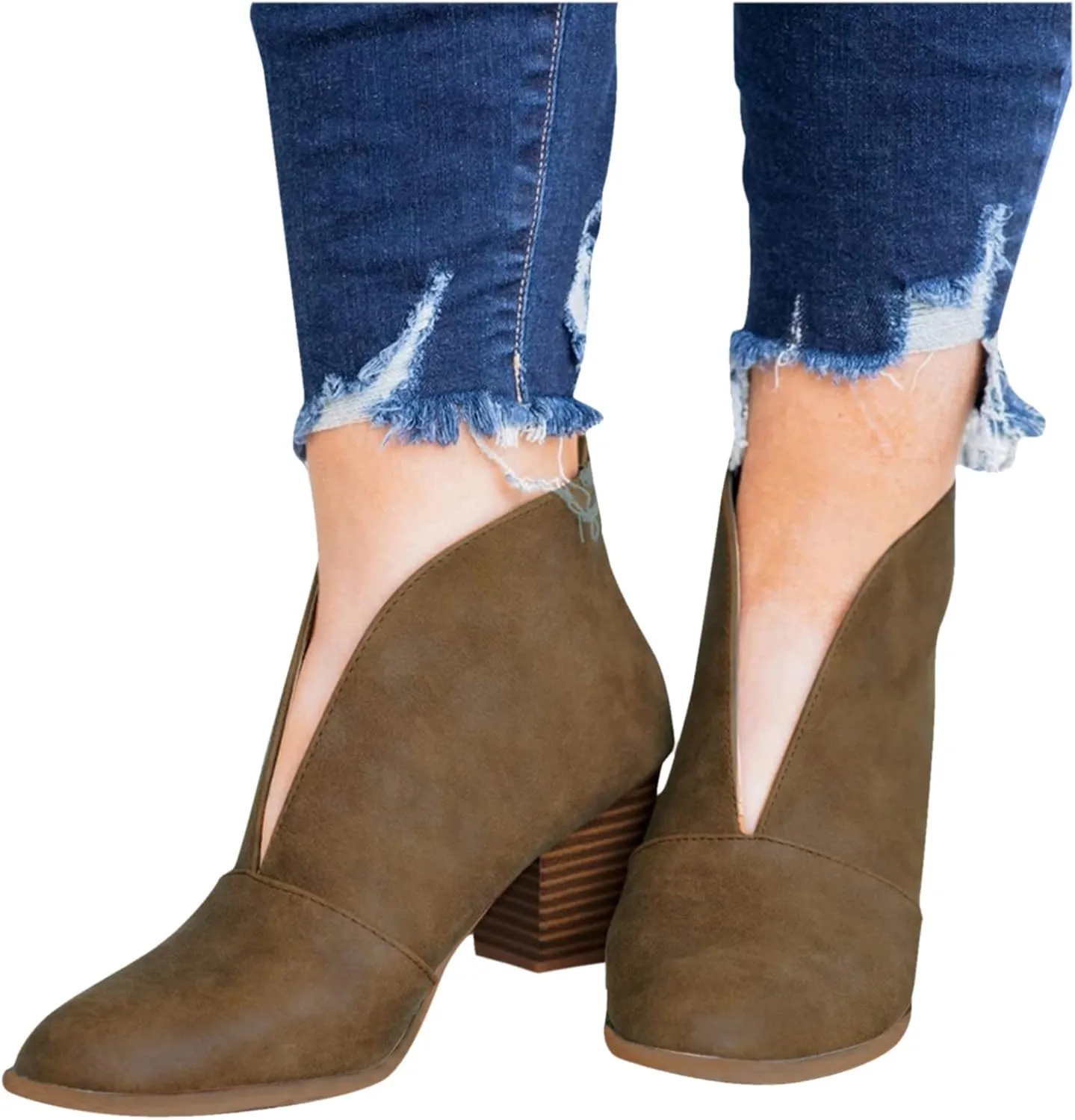 Women’s Front Deep V Cut Out Ankle Boots Slip on Lightweight Comfort Non-slip Middle Chunky Heel Booties for Women Casual Footwear