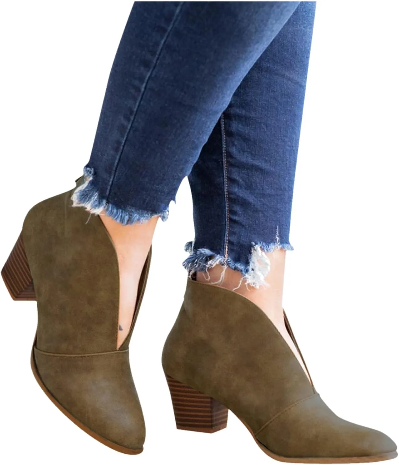 Women’s Front Deep V Cut Out Ankle Boots Slip on Lightweight Comfort Non-slip Middle Chunky Heel Booties for Women Casual Footwear