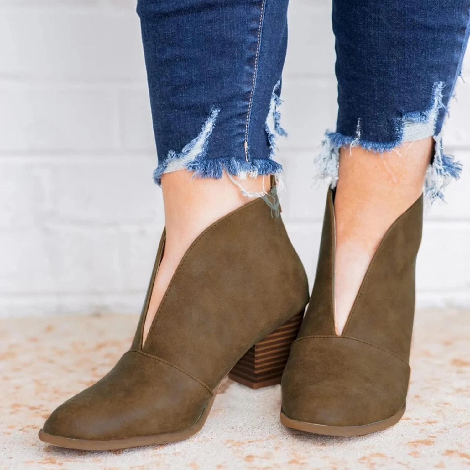 Women’s Front Deep V Cut Out Ankle Boots Slip on Lightweight Comfort Non-slip Middle Chunky Heel Booties for Women Casual Footwear