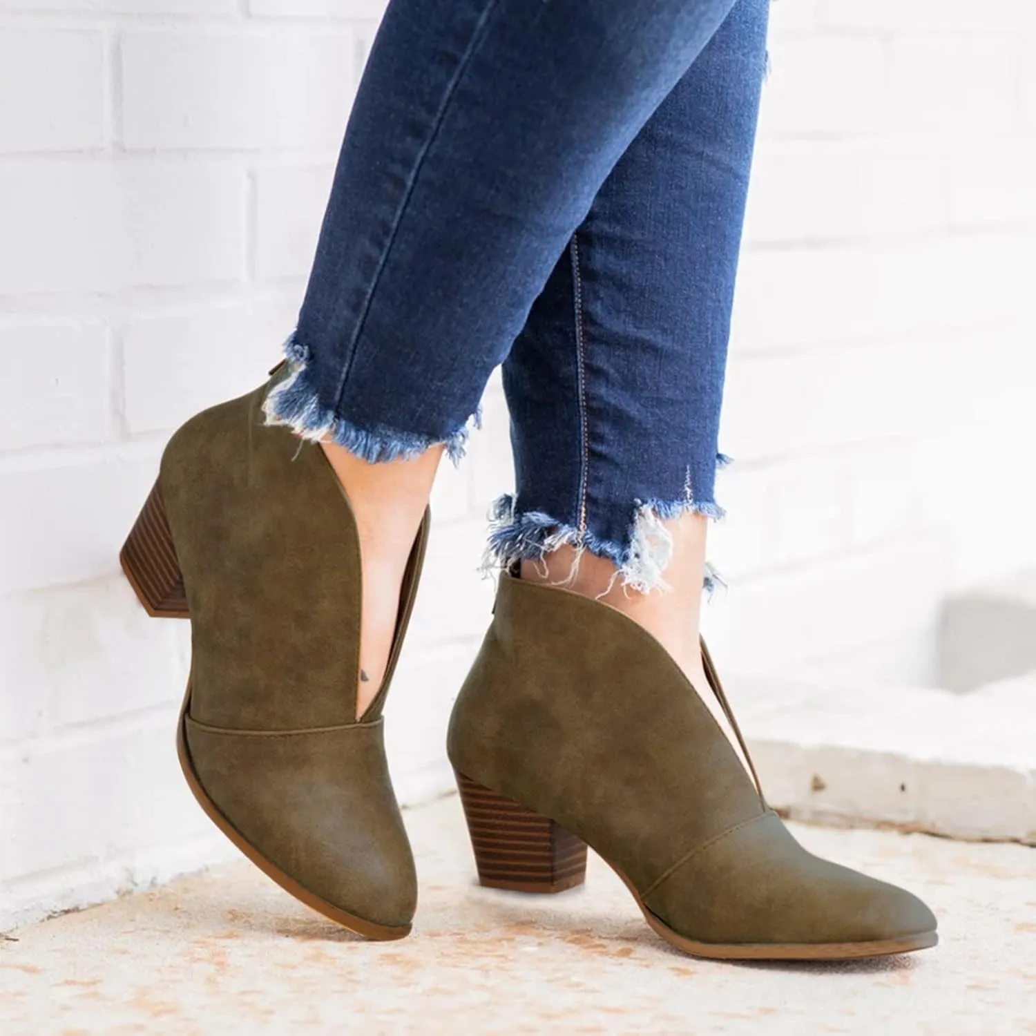 Women’s Front Deep V Cut Out Ankle Boots Slip on Lightweight Comfort Non-slip Middle Chunky Heel Booties for Women Casual Footwear
