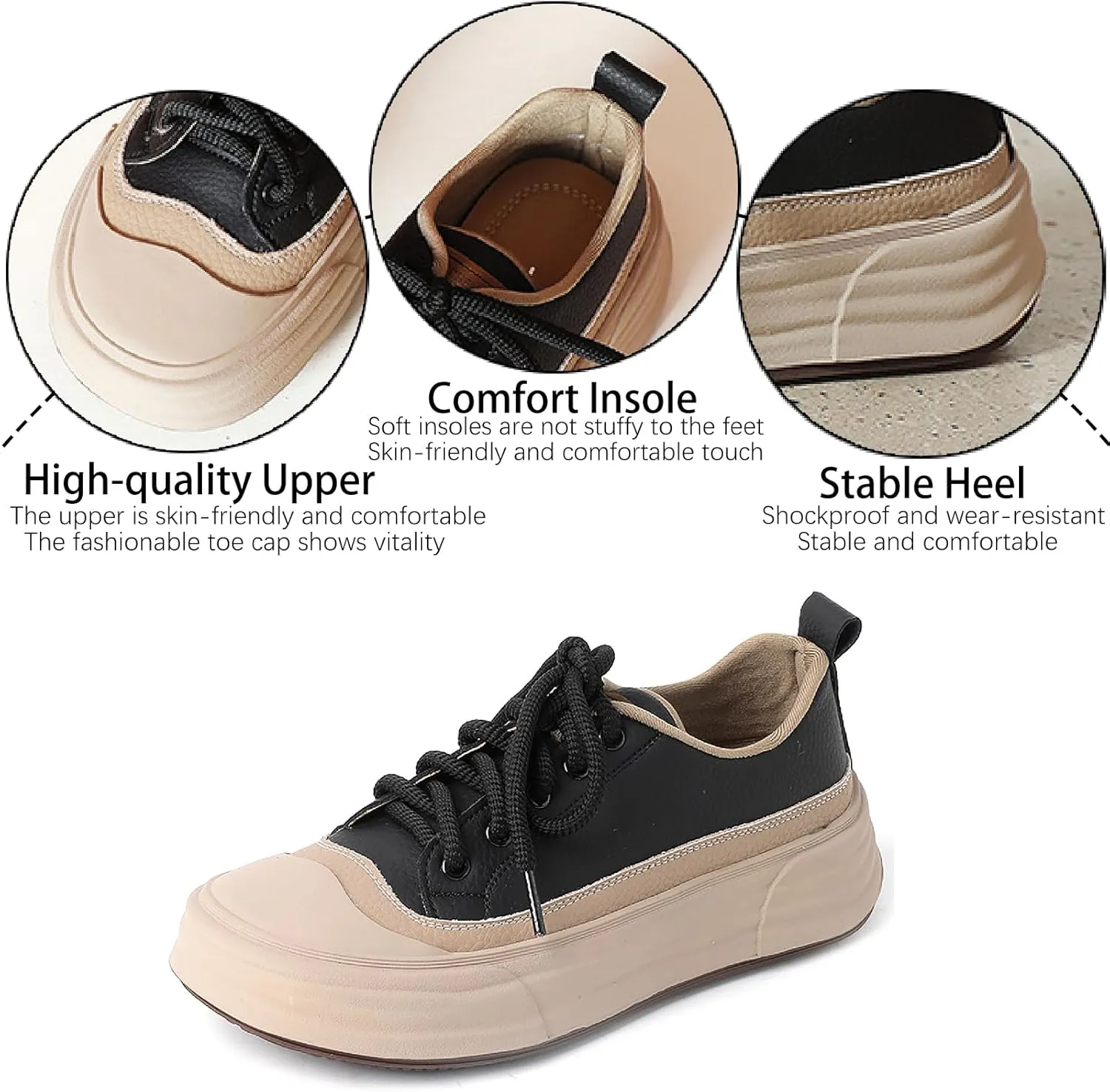 Women's Genuine Leather Platform Fashion Sneakers Comfortable Round Toe Lace Up Non-Slip Chunky Increase Height Casual Shoes for Outdoor Work Office Walking Shoes