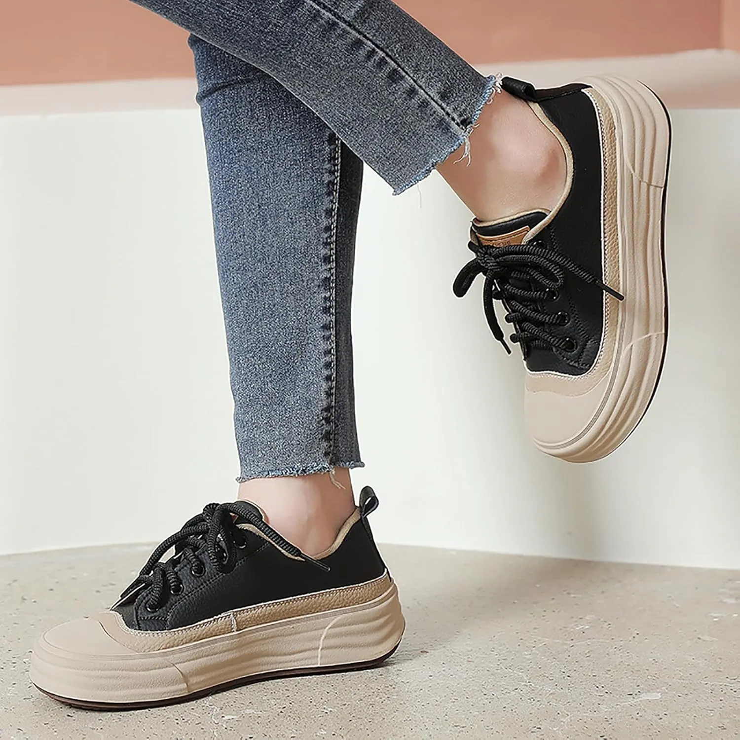 Women's Genuine Leather Platform Fashion Sneakers Comfortable Round Toe Lace Up Non-Slip Chunky Increase Height Casual Shoes for Outdoor Work Office Walking Shoes