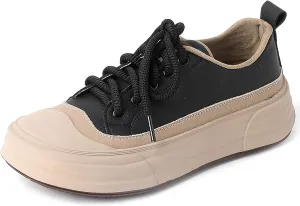 Women's Genuine Leather Platform Fashion Sneakers Comfortable Round Toe Lace Up Non-Slip Chunky Increase Height Casual Shoes for Outdoor Work Office Walking Shoes