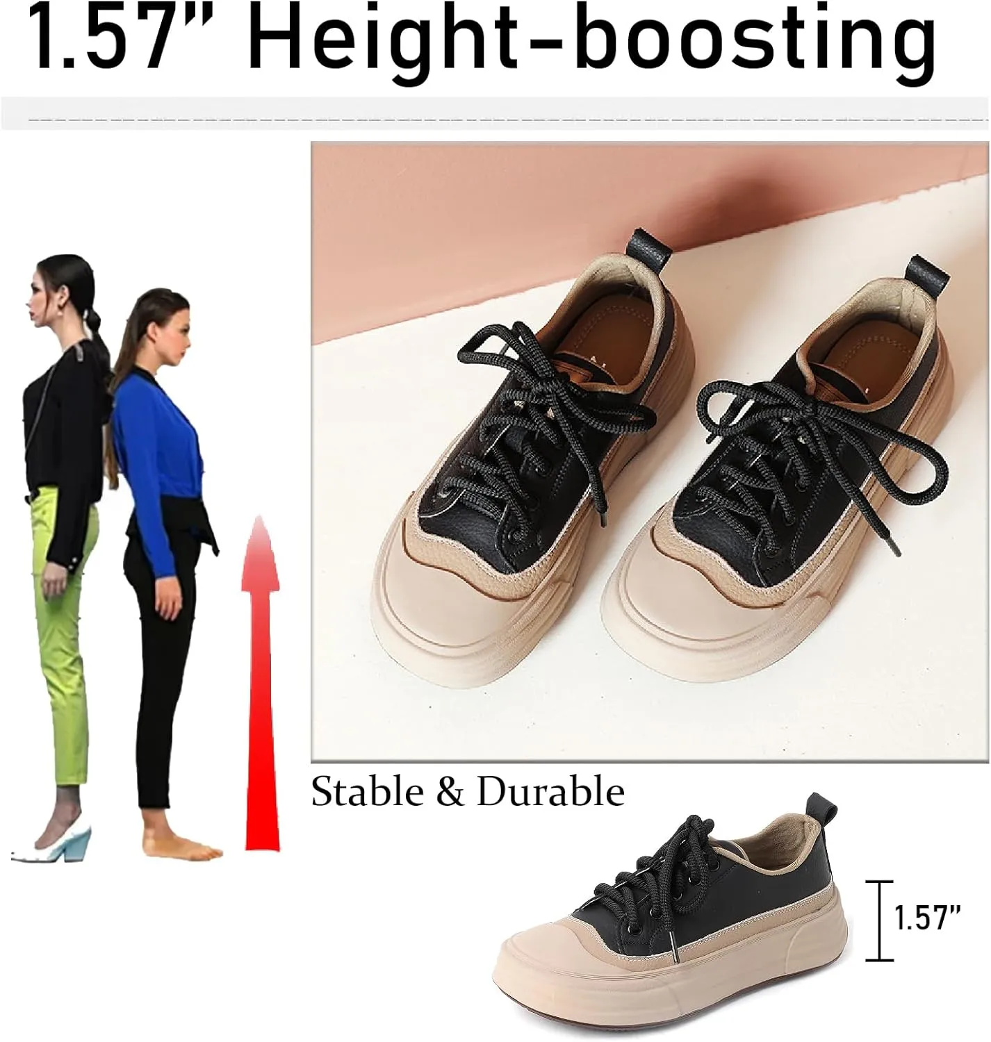 Women's Genuine Leather Platform Fashion Sneakers Comfortable Round Toe Lace Up Non-Slip Chunky Increase Height Casual Shoes for Outdoor Work Office Walking Shoes