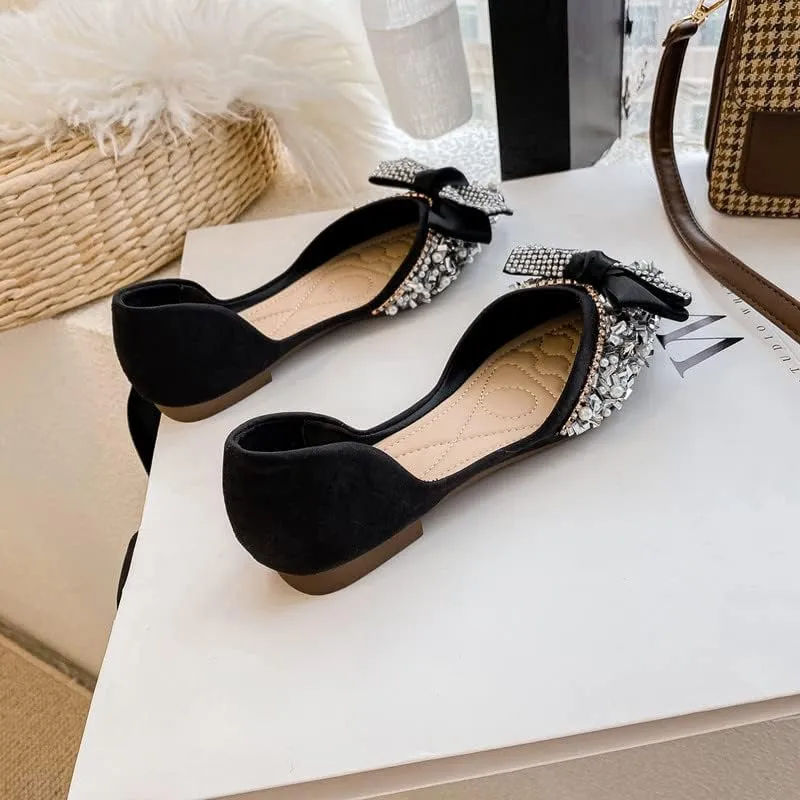 Women's Glitter Rhinestone Wedding Flats Winter Fur Dress Shoes Pointed Toe Ballet Flats