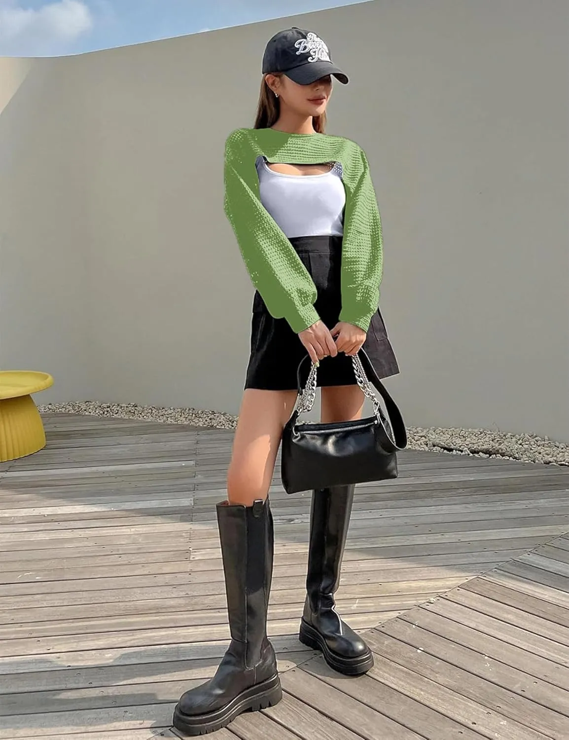 Women's Knitted Crop Top Long Sleeve Hollow Out Shrug Sweater Y2K Knit Cover Up Tops