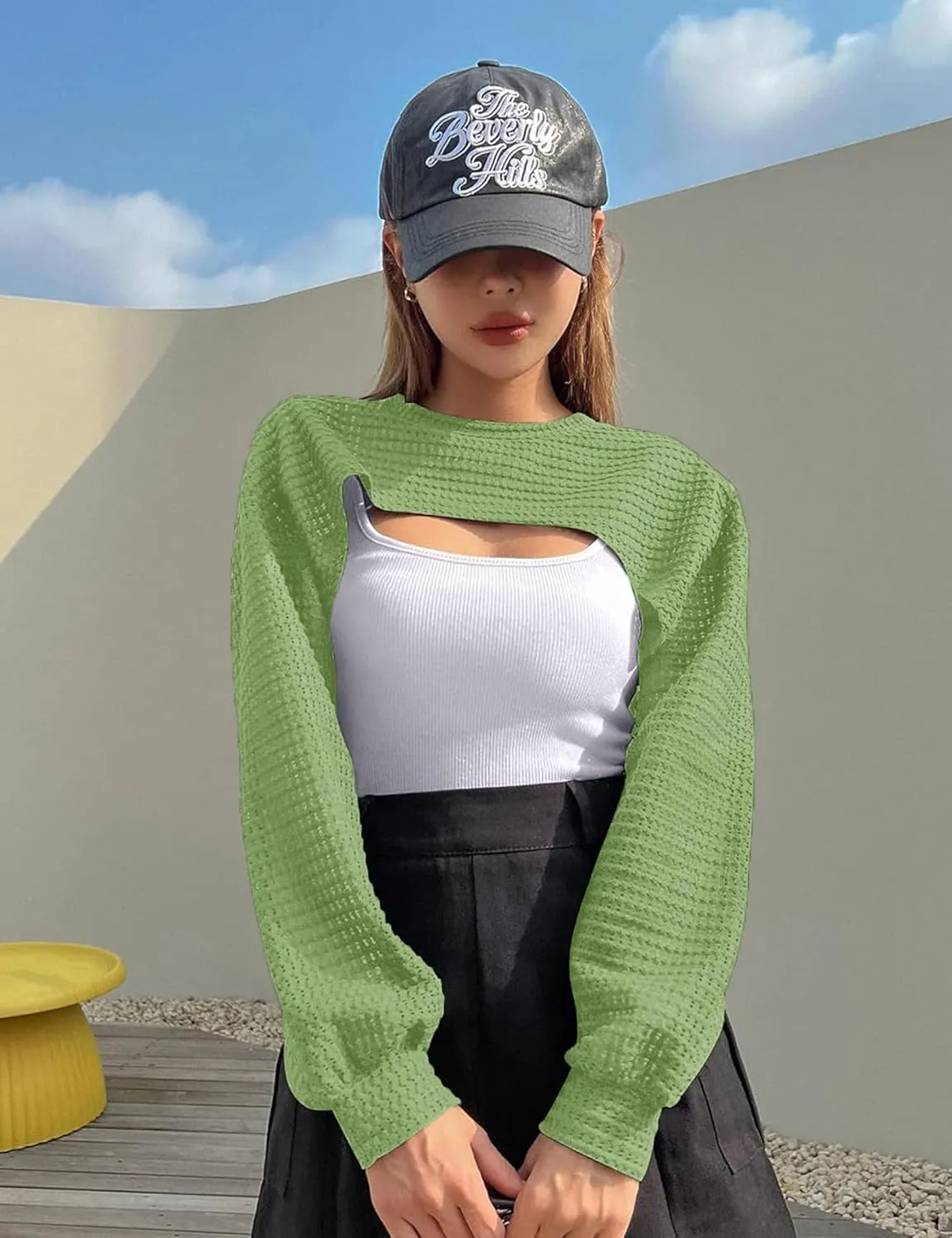 Women's Knitted Crop Top Long Sleeve Hollow Out Shrug Sweater Y2K Knit Cover Up Tops