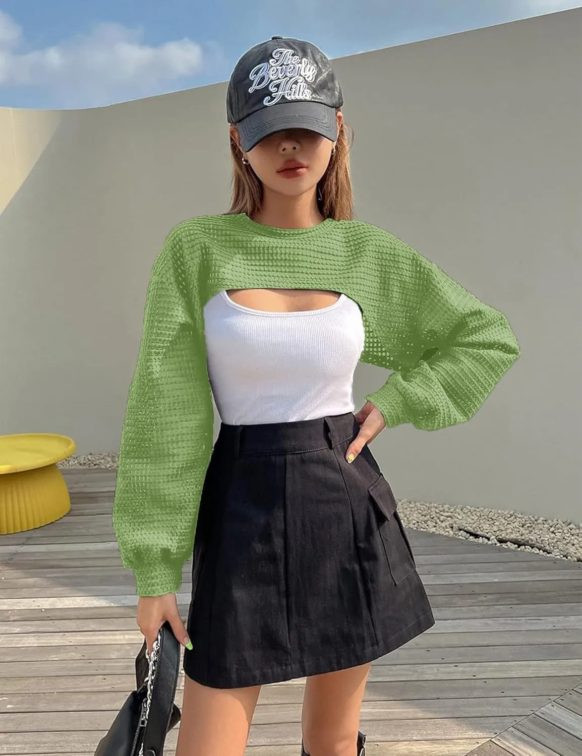 Women's Knitted Crop Top Long Sleeve Hollow Out Shrug Sweater Y2K Knit Cover Up Tops