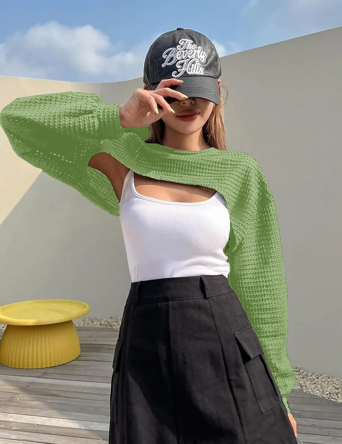 Women's Knitted Crop Top Long Sleeve Hollow Out Shrug Sweater Y2K Knit Cover Up Tops