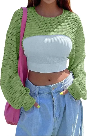 Women's Knitted Crop Top Long Sleeve Hollow Out Shrug Sweater Y2K Knit Cover Up Tops