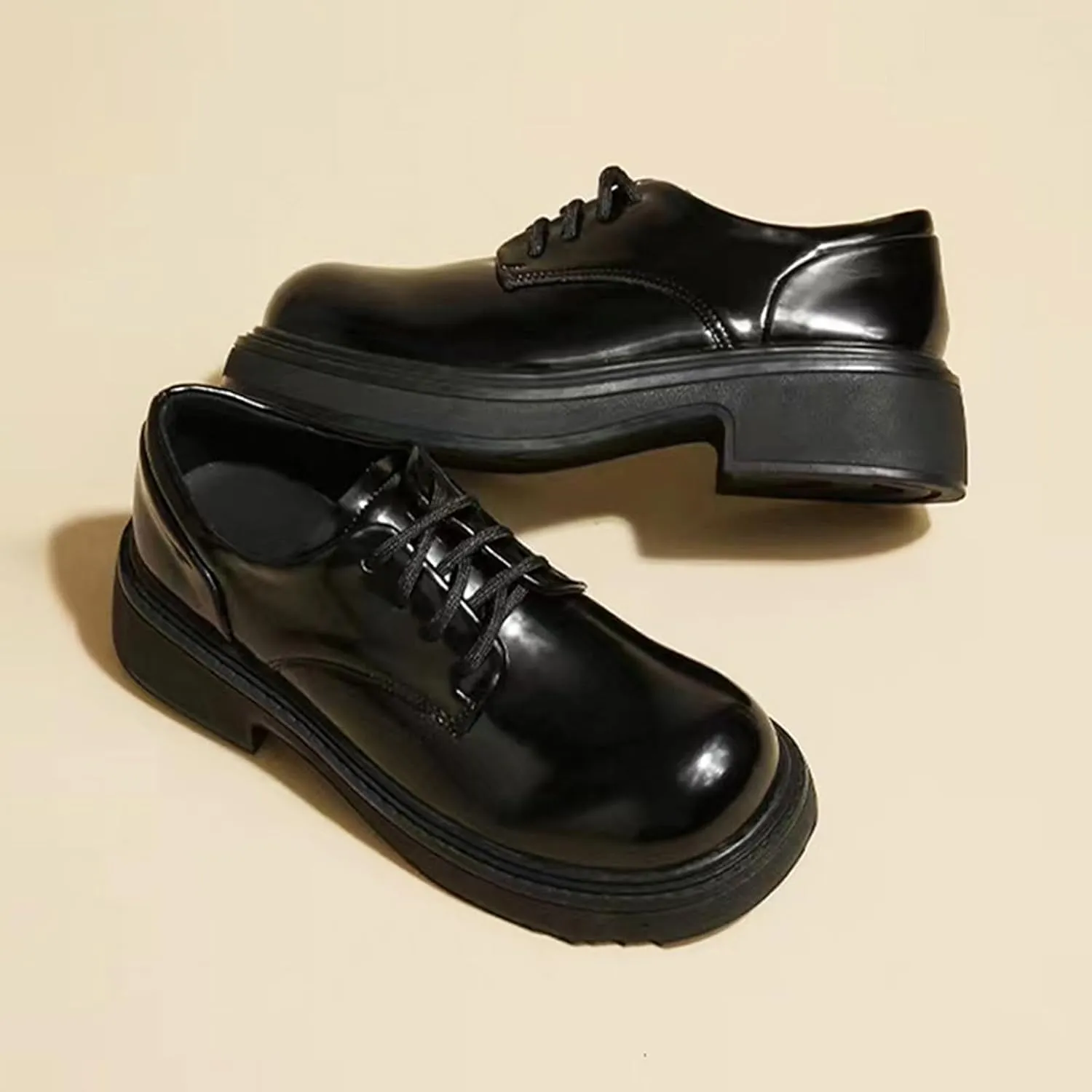Women's Leather Chunky Platform Large Round Toe Retro Oxford Shoes Classic Lace-Up Heightened Non-Slip Business Wedding Casual Formal Loafers