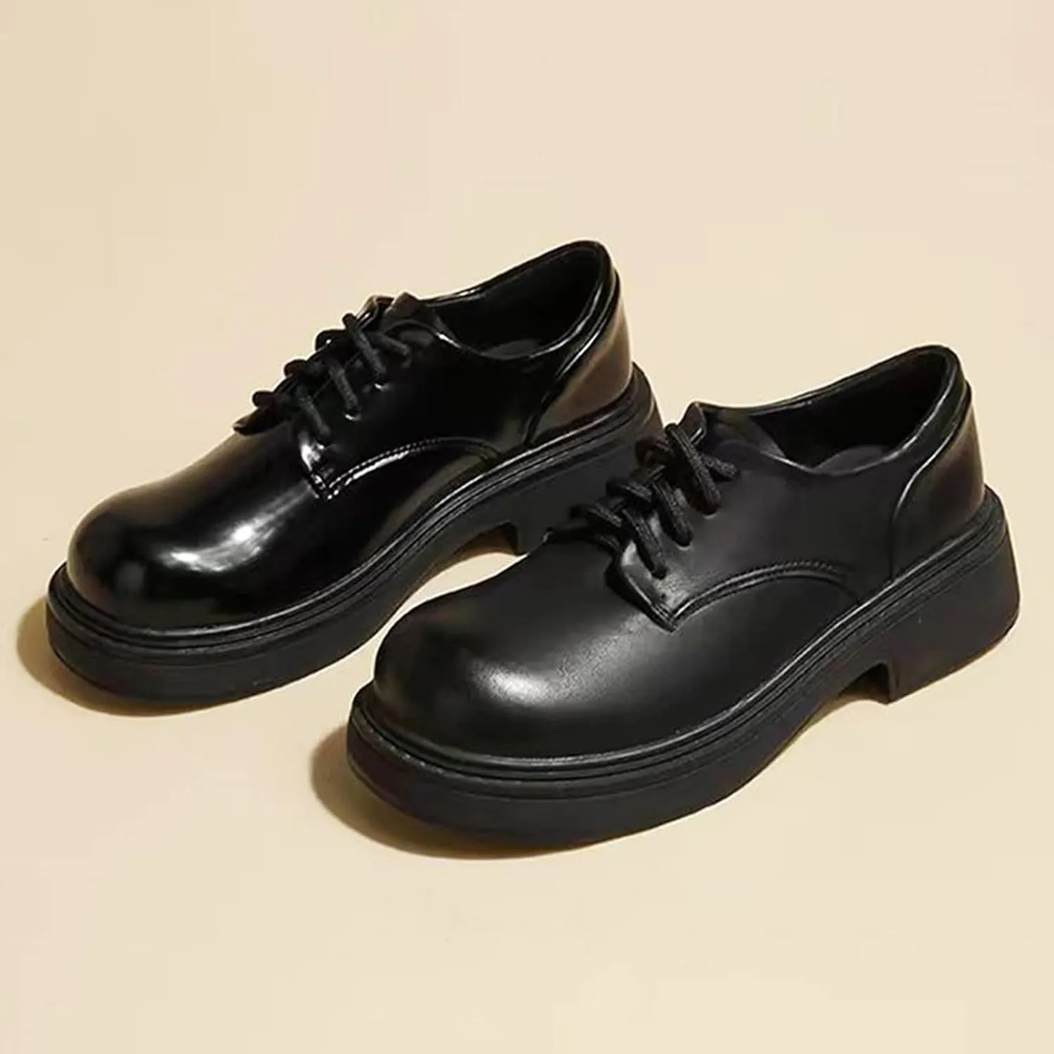 Women's Leather Chunky Platform Large Round Toe Retro Oxford Shoes Classic Lace-Up Heightened Non-Slip Business Wedding Casual Formal Loafers