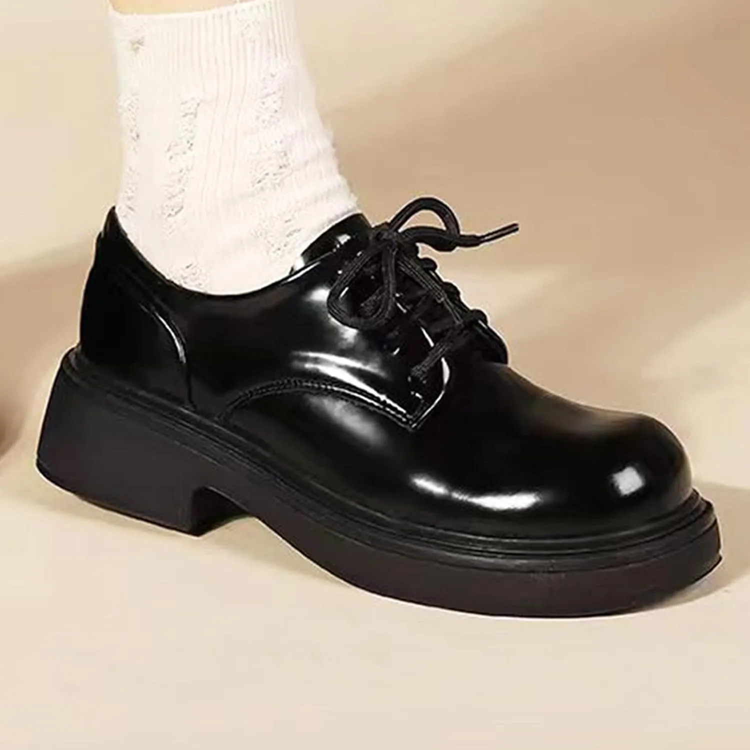 Women's Leather Chunky Platform Large Round Toe Retro Oxford Shoes Classic Lace-Up Heightened Non-Slip Business Wedding Casual Formal Loafers