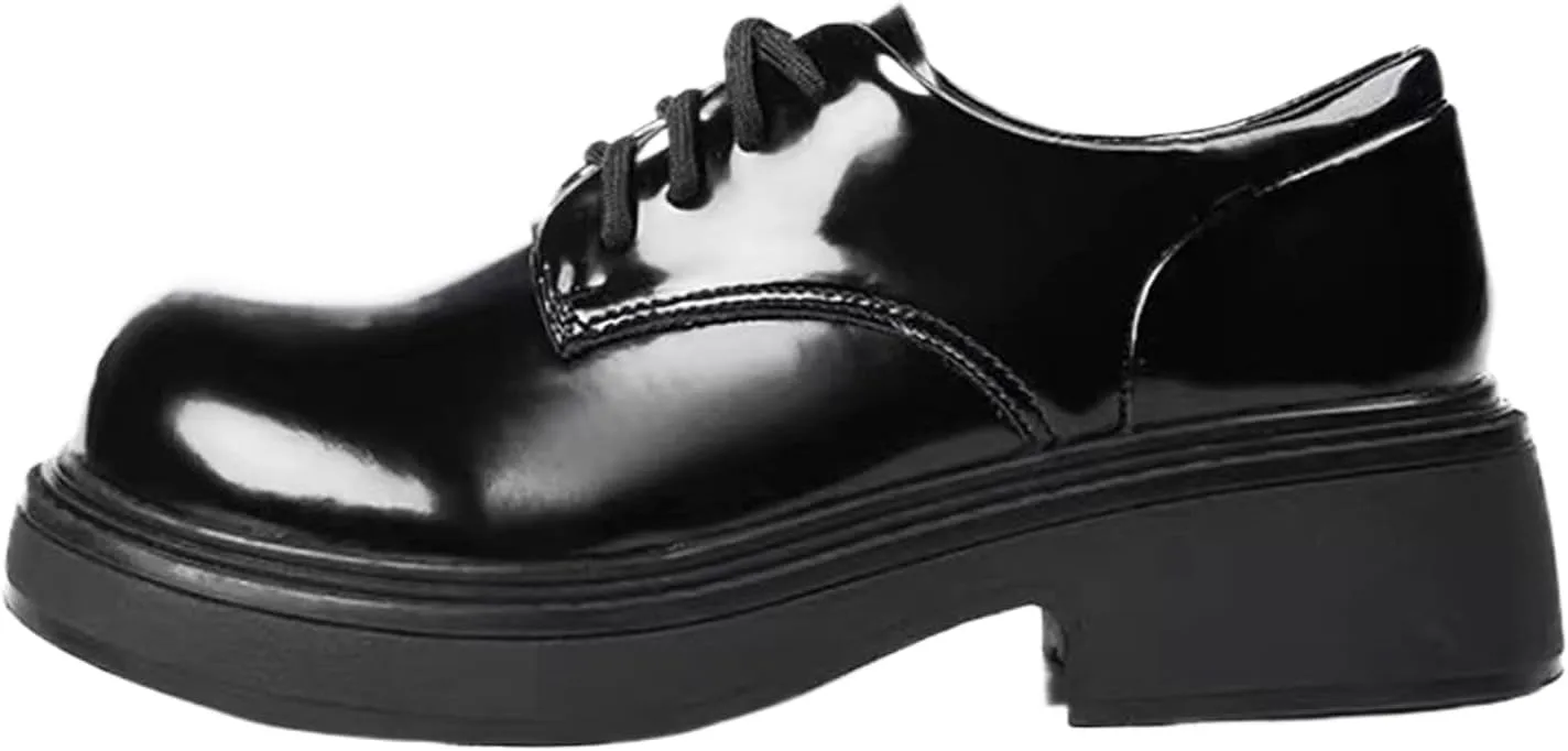 Women's Leather Chunky Platform Large Round Toe Retro Oxford Shoes Classic Lace-Up Heightened Non-Slip Business Wedding Casual Formal Loafers