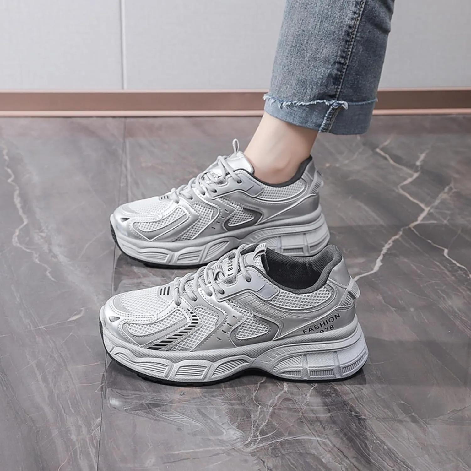 Womens Leather Lace Up Platform Sneakers FashionCasual Non Slip Shock Absorbing Heighten Walking Workout Driving Shoes