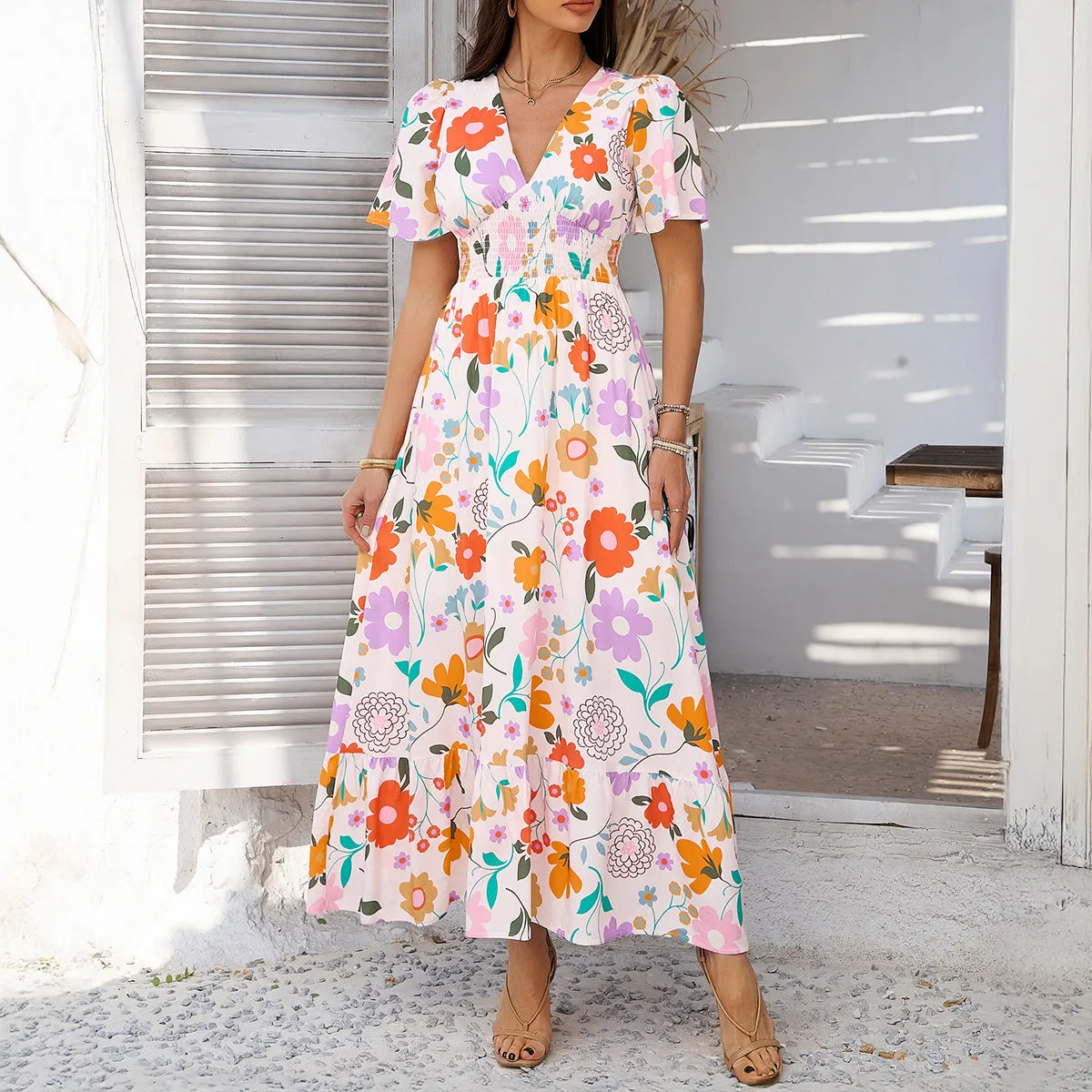 Women’s Maxi Dress – Lightweight Cotton – Flutter Sleeve – V-Neck – Relaxed Fit – Cinched Waist