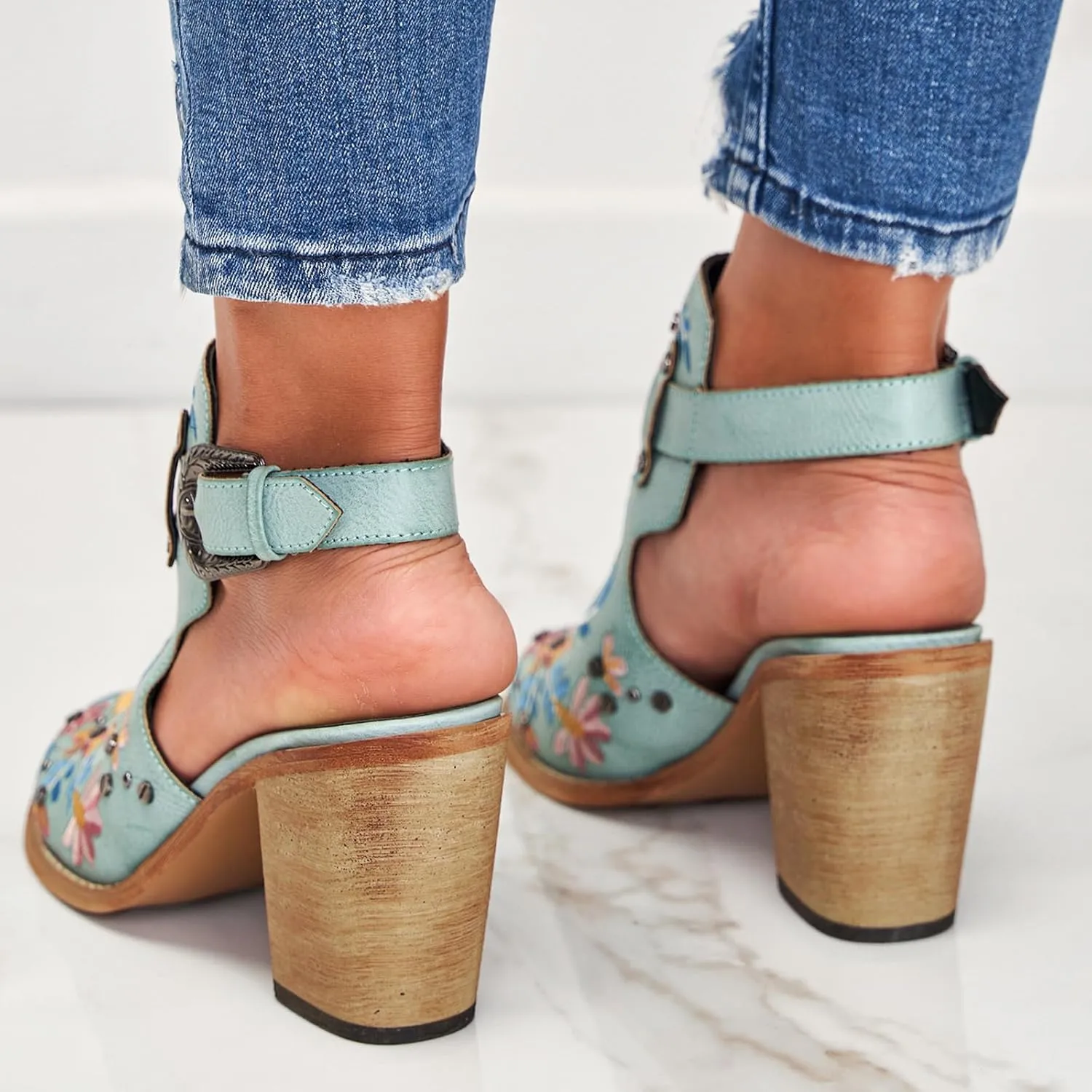 Women's Mexican Floral Embroidered Chunky Heels Sandal Buckle Ankle Strap Closed Toe Block High Heel Sandals Vintage Rivets Dress Slingback Pumps