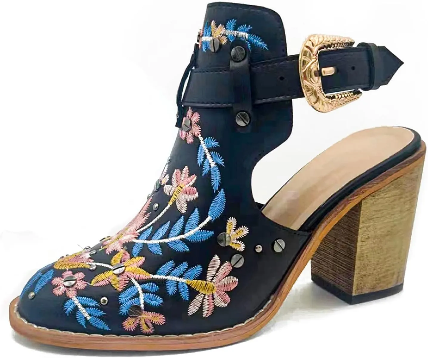 Women's Mexican Floral Embroidered Chunky Heels Sandal Buckle Ankle Strap Closed Toe Block High Heel Sandals Vintage Rivets Dress Slingback Pumps