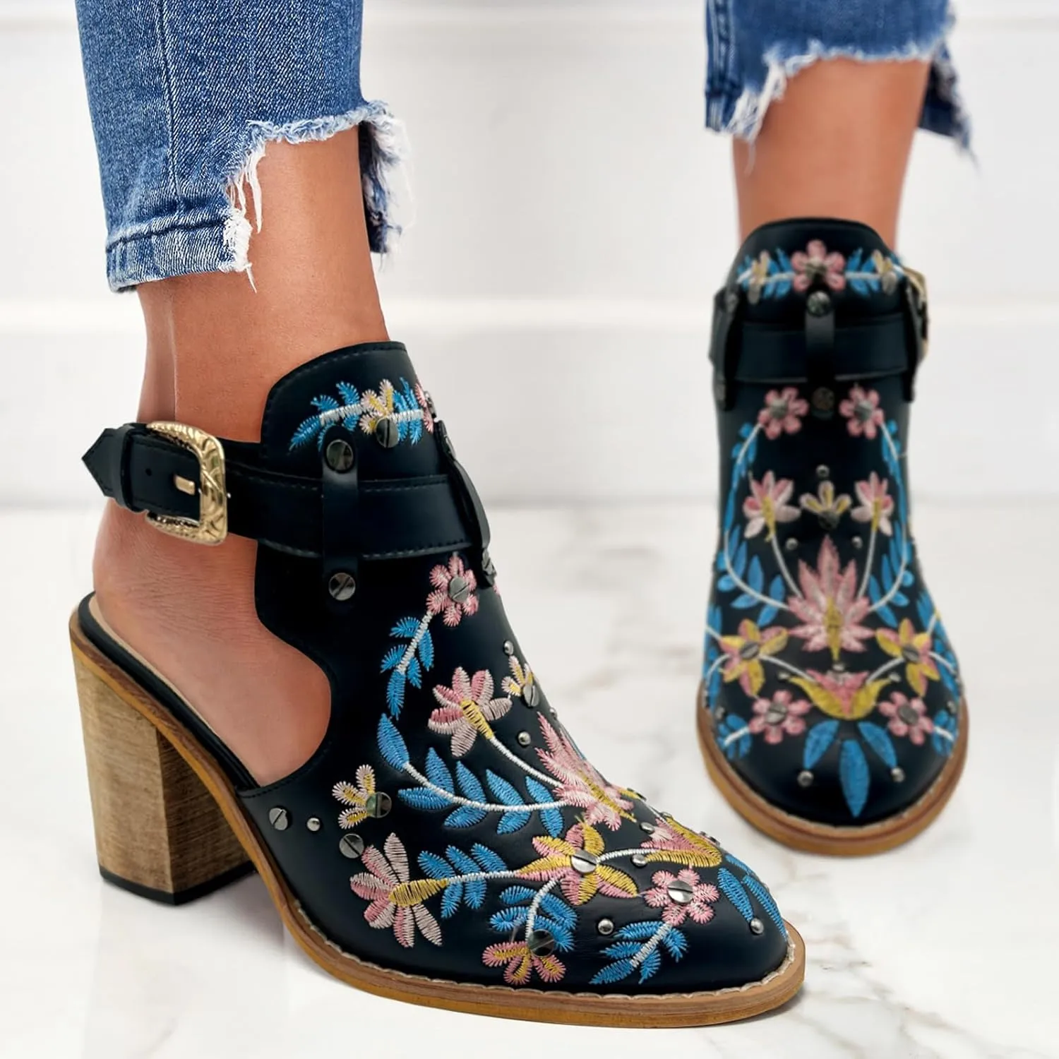 Women's Mexican Floral Embroidered Chunky Heels Sandal Buckle Ankle Strap Closed Toe Block High Heel Sandals Vintage Rivets Dress Slingback Pumps